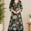 Women's Hand Embroidered V-Neck Straight Kurta with Wide Leg Pant Set (2-Piece Cotton Festive & Daily Wear Suit) - Image 8