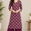 Women's Hand Embroidered V-Neck Straight Kurta with Wide Leg Pant Set (2-Piece Cotton Festive & Daily Wear Suit) - Image 9