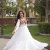 Women’s Navratri Kutchi Embroidered Mirror & Gota Patti Gown | 12 Meter Tiered Frill Rayon Anarkali Dress (White & Maroon - Image 4