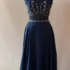Women’s Navy Blue Embroidered Crop Top with Flared Maxi Skirt Set | Sleeveless Boat Neck Zari Work Scalloped Hem Lehenga Set for Festive Party Wear