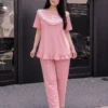 Women's Ribbed Stretchable Hosiery Frill Night Suit Set – Lace Yoke Half Sleeve Top & Pyjama Set | Summer Loungewear Sleepwear (Bust 32"-48")