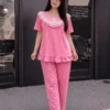 Women's Ribbed Stretchable Hosiery Frill Night Suit Set – Lace Yoke Half Sleeve Top & Pyjama Set | Summer Loungewear Sleepwear (Bust 32"-48") - Image 4