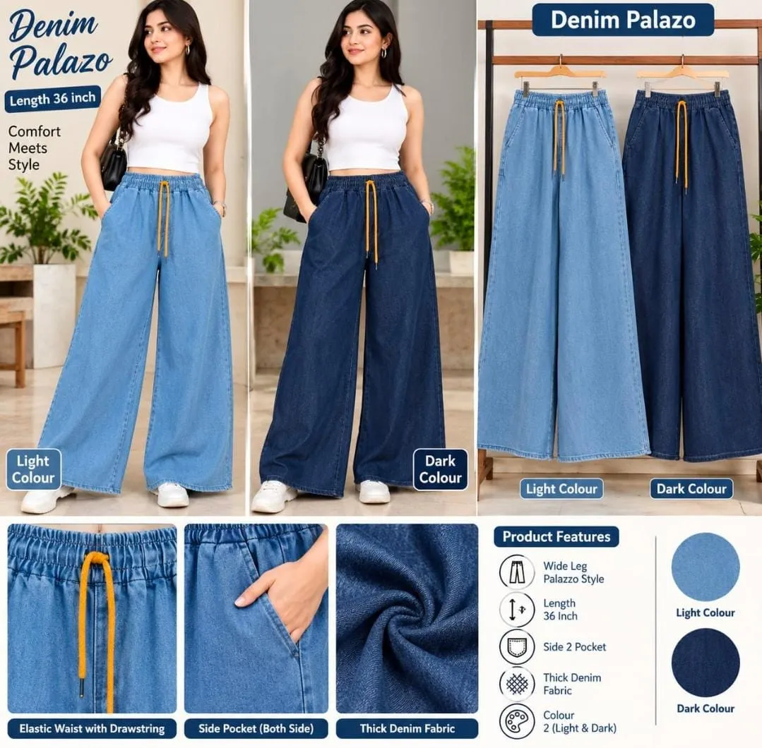Women's Thick Denim Wide Leg Palazzo Pants with Pockets – High Waist Elastic Drawstring Loose Fit Baggy Jeans Trousers (Waist 36-40)
